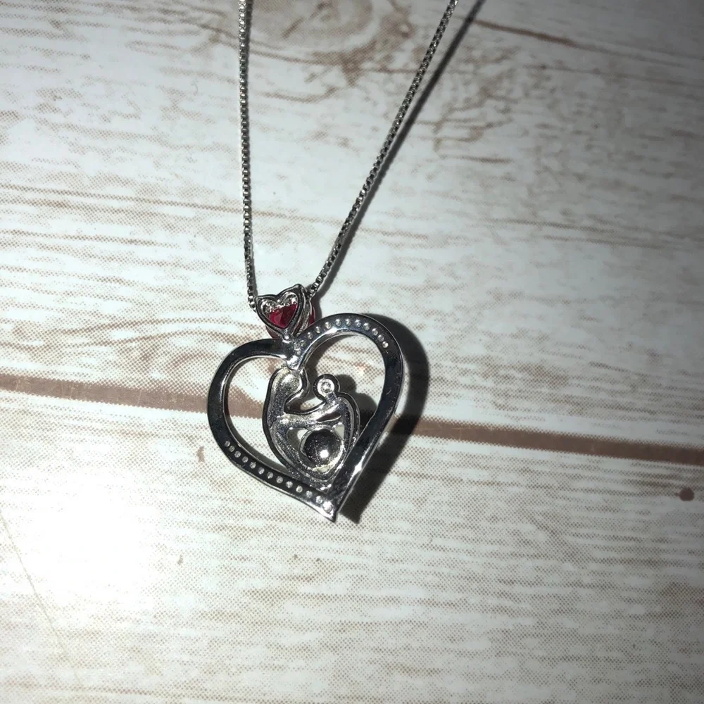 ALWAYS MY MOM Grandma Red Stone Pearl Heart Pendant Chain Necklace